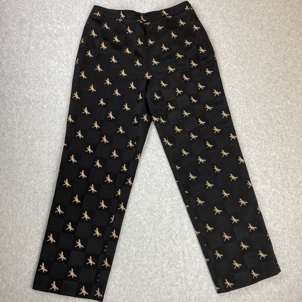 Talbots Black Checkered Straight Leg Pants Embroidered Dragonflies High Waisted